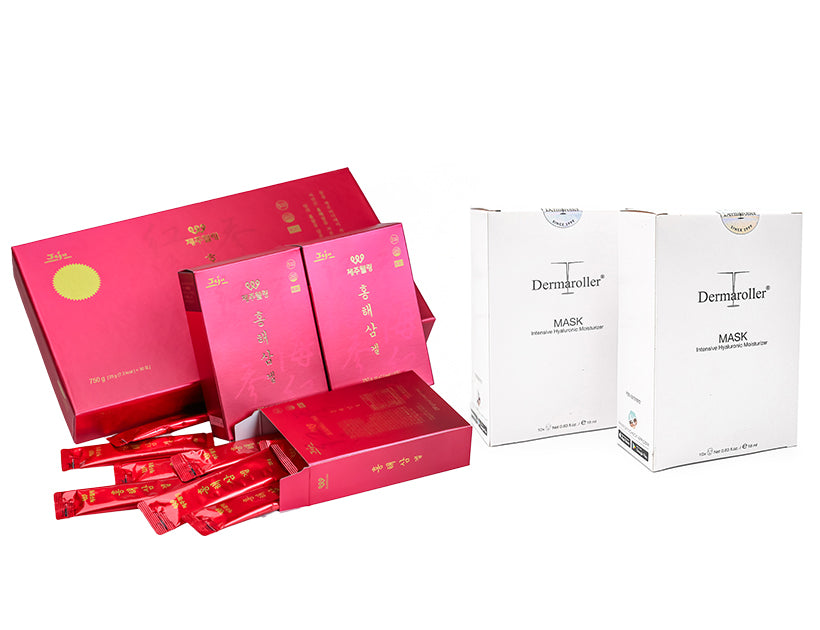 「美加地區預售中並十一月份發貨」美肌養氣組合: JEJUWELLING韓國濟州島紅海參修復飲1盒+玻尿酸補水保濕修護急救面膜2盒