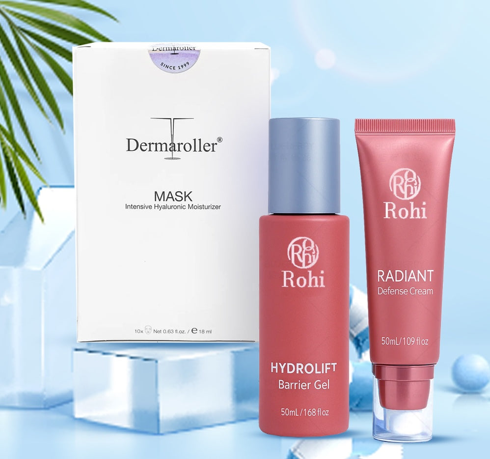 Dermaroller玻尿酸補水保濕修護急救面膜+Rohi 3D時光提拉凝膠+Rohi水凝煥膚隔離霜+送Dermaroller ACE玻尿酸保濕精華提亮修護面霜